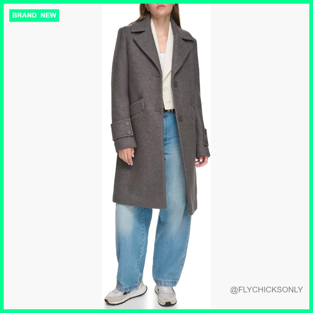 Wool Boucle Slim Coat, Notched Collar, Button Closure, Standard Length